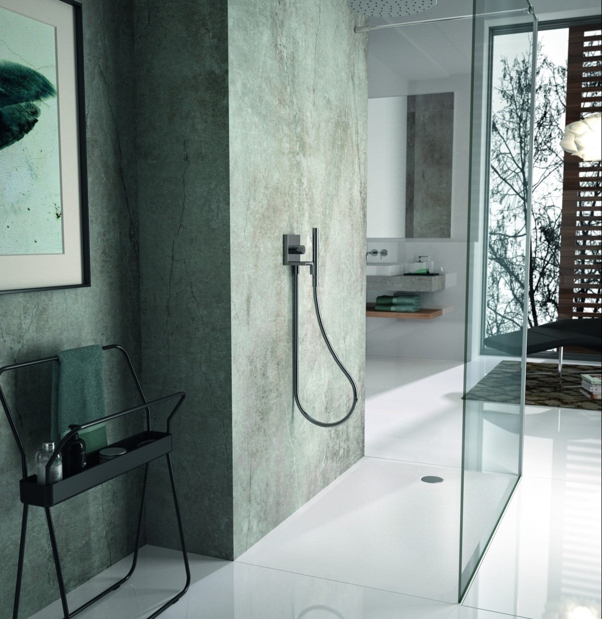 Dekton wall cladding with a coordinated shower base