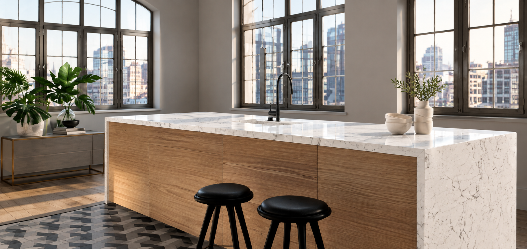 Bright kitchen with a wood island and white waterfall countertop