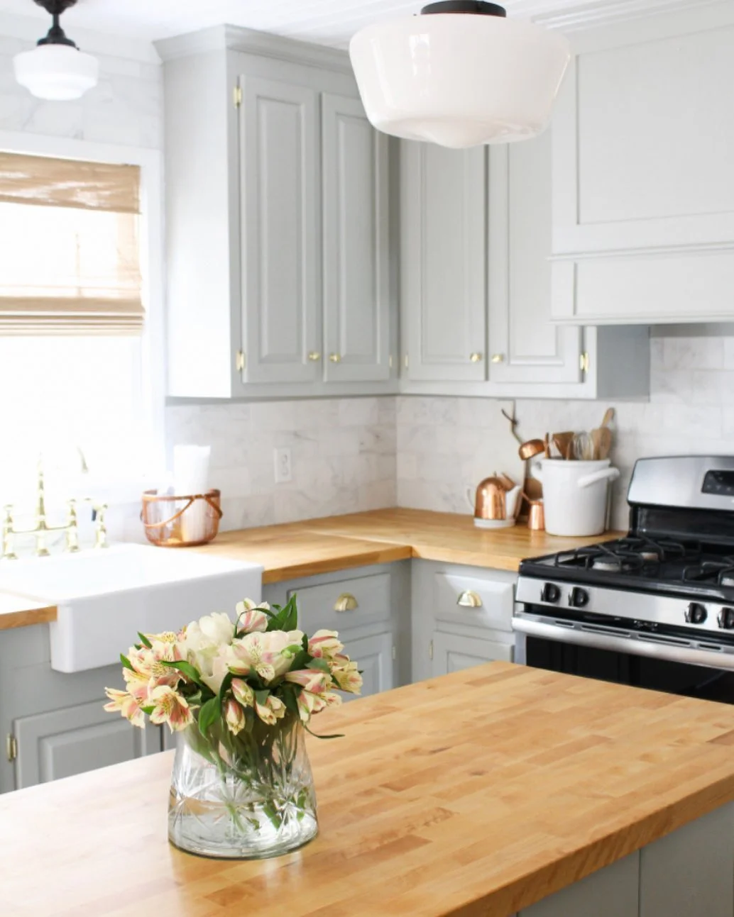 Warm butcher block countertop in a kitchen